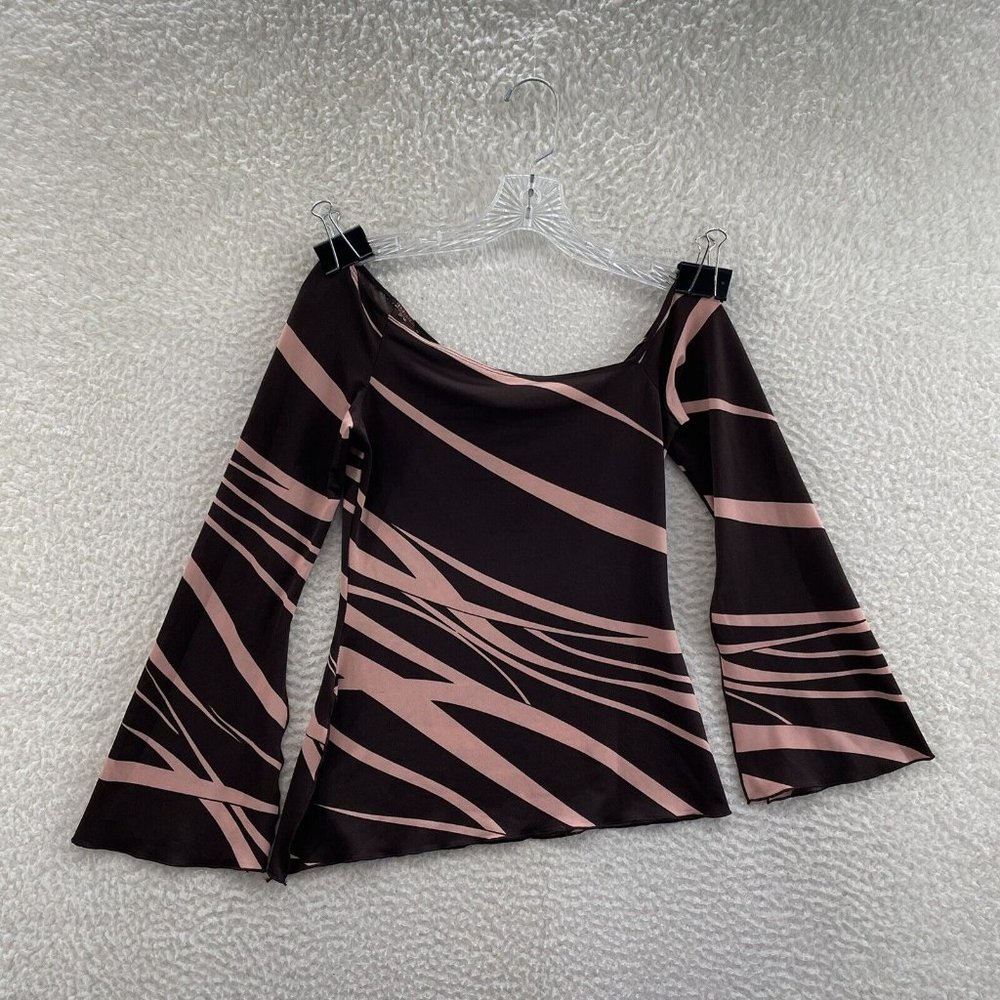Y2K Vintage Charlotte Russe Brown Pink Pattern Asymmetrical Flare Sleeve Top S M